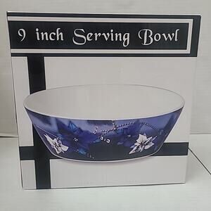 New In Box 9" Serving Bowl W Blue and White Flowers Beautiful